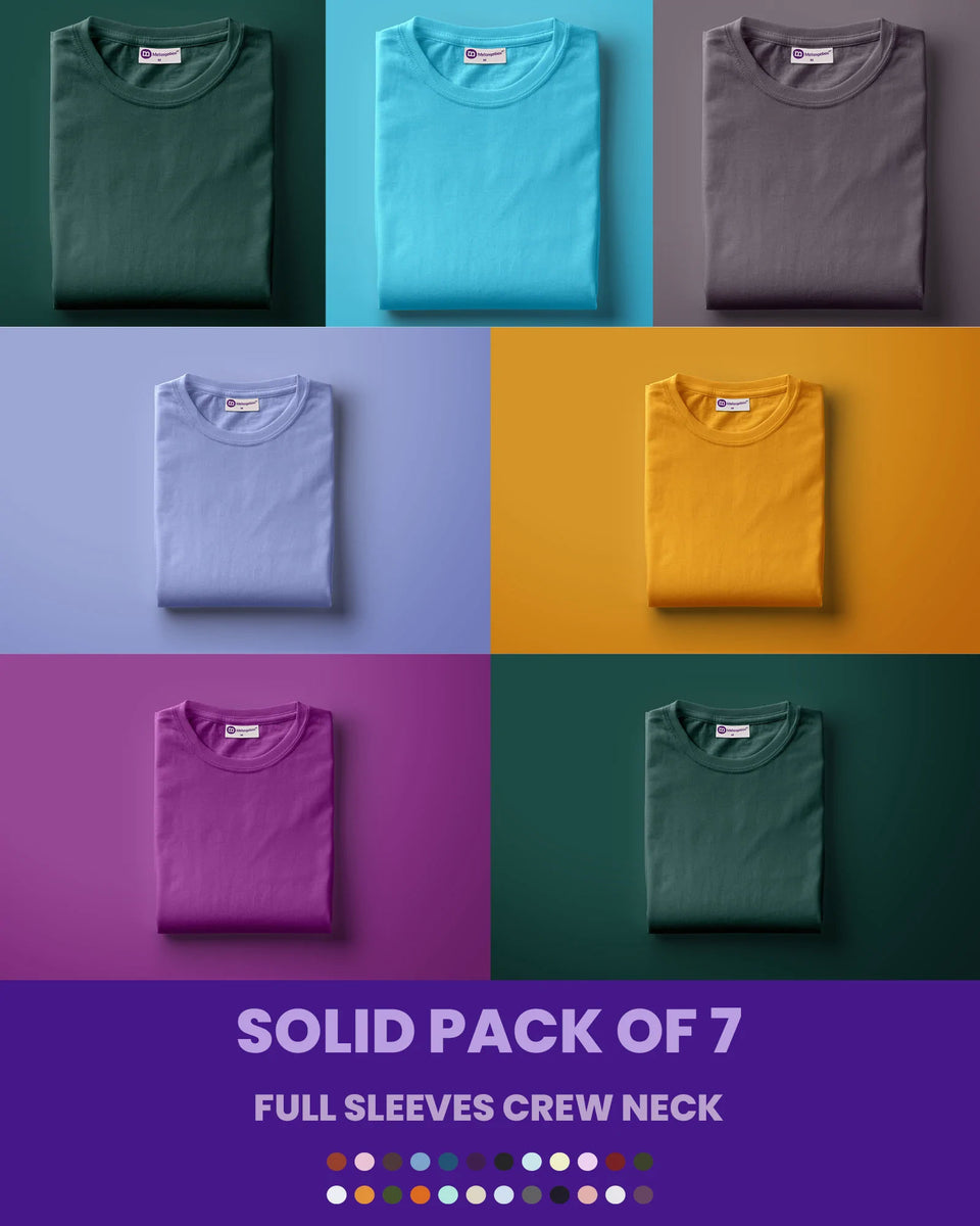 Melangebox Solid Pack 100 Cotton Classic Full Sleeves Crew Neck Tee